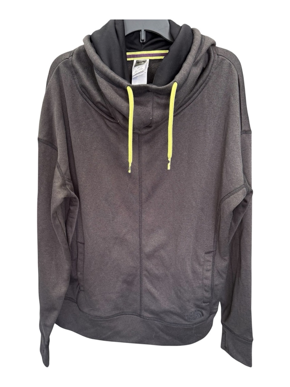 The North Face Woman’s Charcoal Zip-Up with Yellow Drawcords large